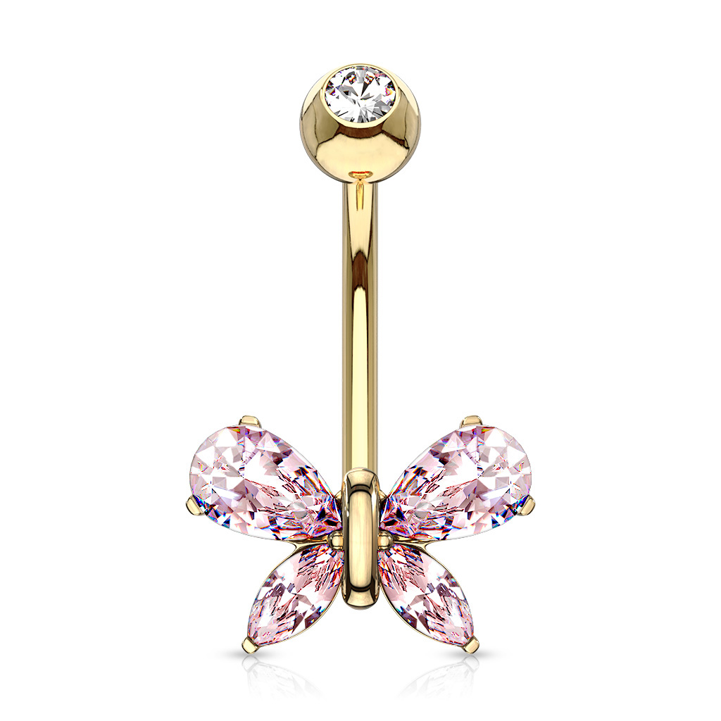 14K Teardrop Marquise Butterfly CZ Pink Solid Gold Belly Ring Belly Bling