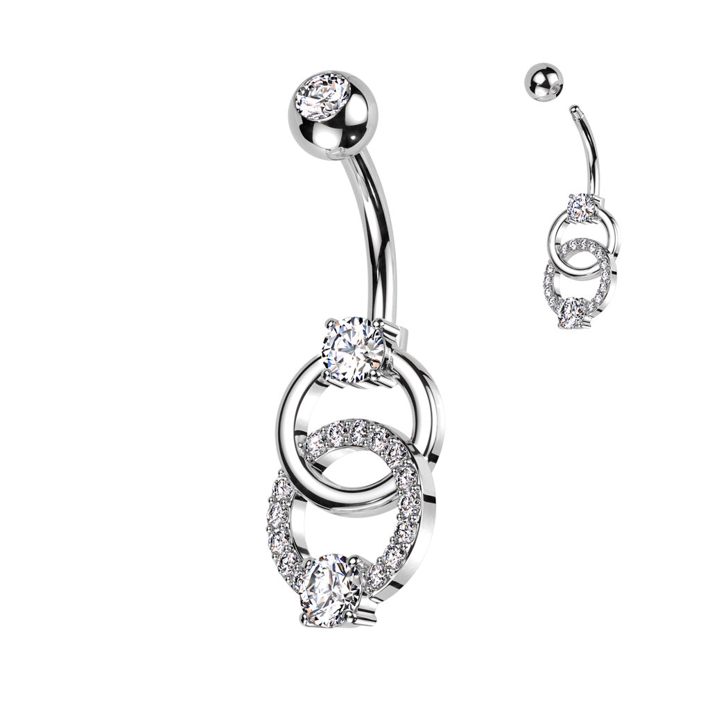 Silver Pave CZ and High Shine Dangle Double Ring Belly Ring — Belly Bling