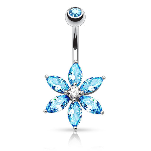 Marquise Cut CZ Flower Belly Ring - Aqua